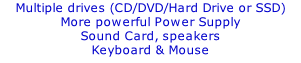 Multiple drives (CD/DVD/Hard Drive or SSD) More powerful Power Supply Sound Card, speakers Keyboard & Mouse